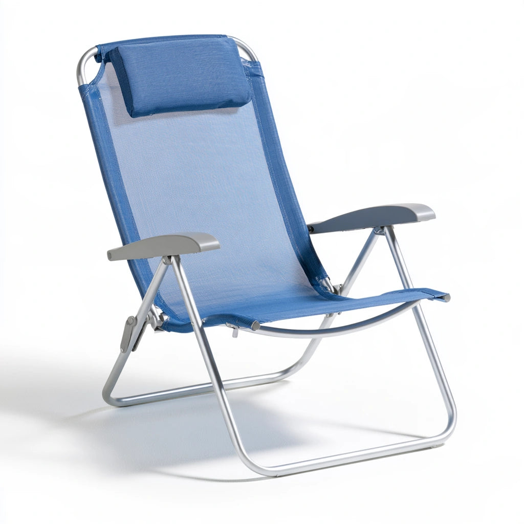 Chaise longue pliante en maille respirante, coloris bleu et argenté